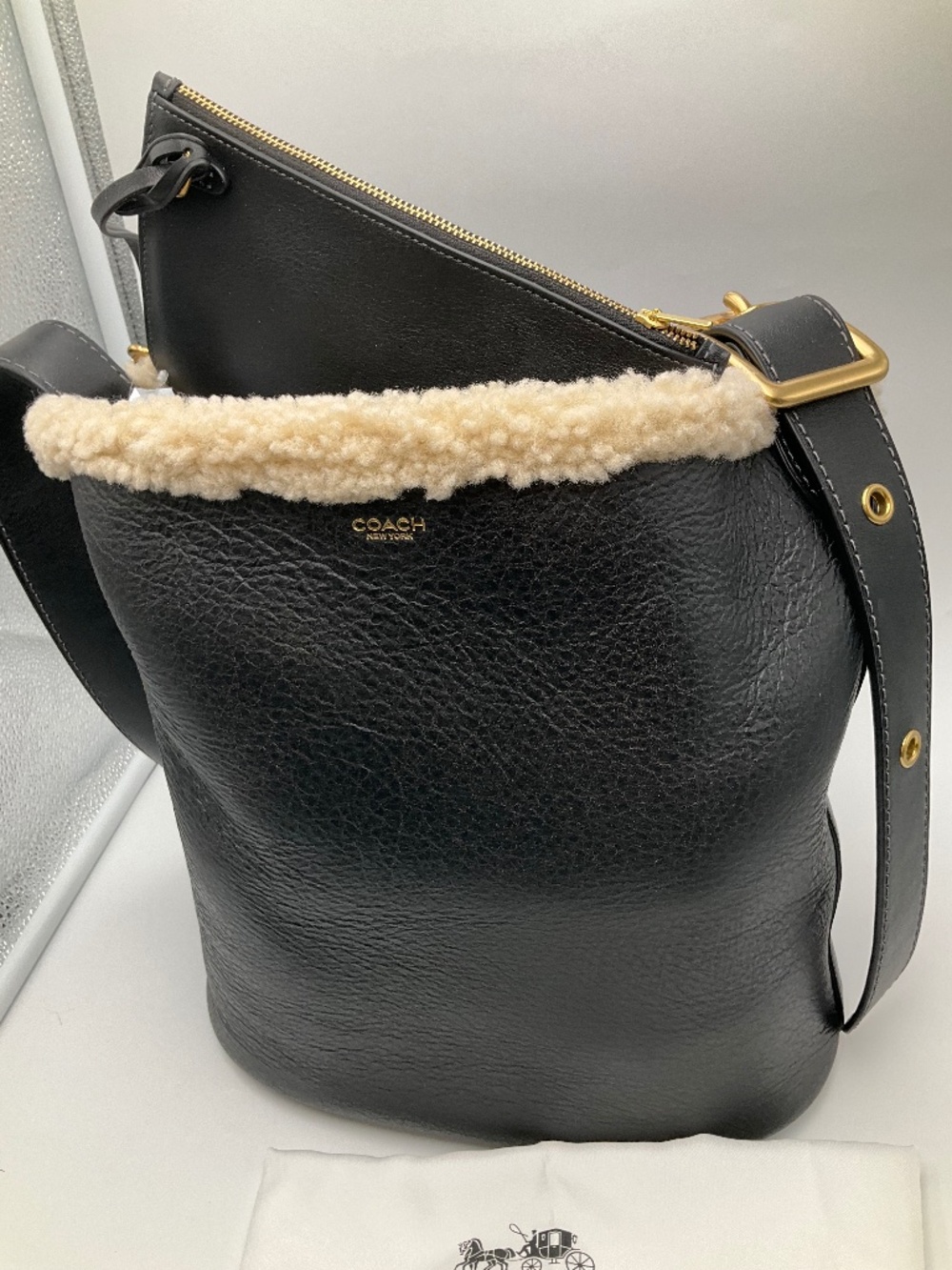 Coach Shearling Bleecker Black Leather Shoulder Bag New CCC28